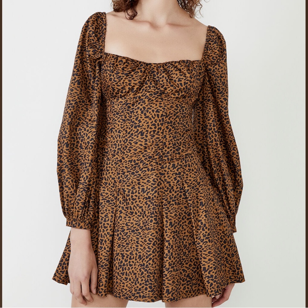 Bardot leopard animal print skater dress medium long sleeve mini brown women’s